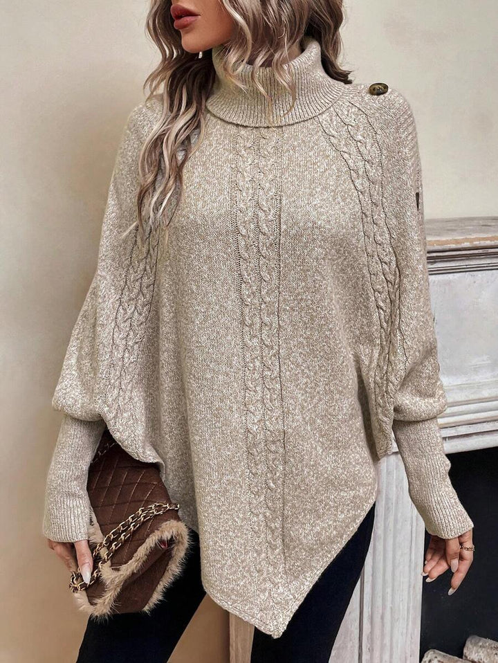 Alexis | Pull poncho chic à col montant et manches chauve-souris – Modèle asymétrique en maille torsadée