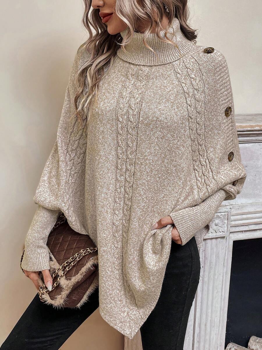 Alexis | Pull poncho chic à col montant et manches chauve-souris – Modèle asymétrique en maille torsadée
