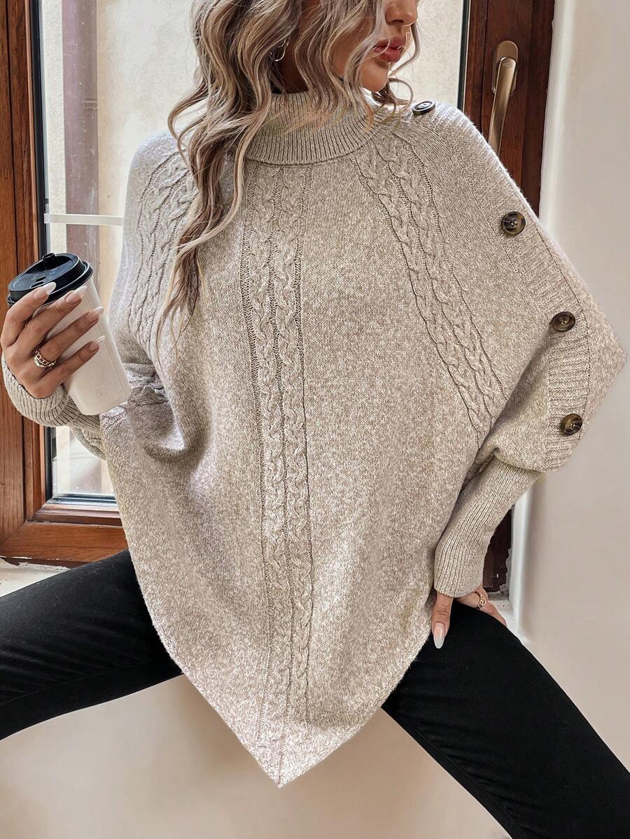 Alexis | Pull poncho chic à col montant et manches chauve-souris – Modèle asymétrique en maille torsadée