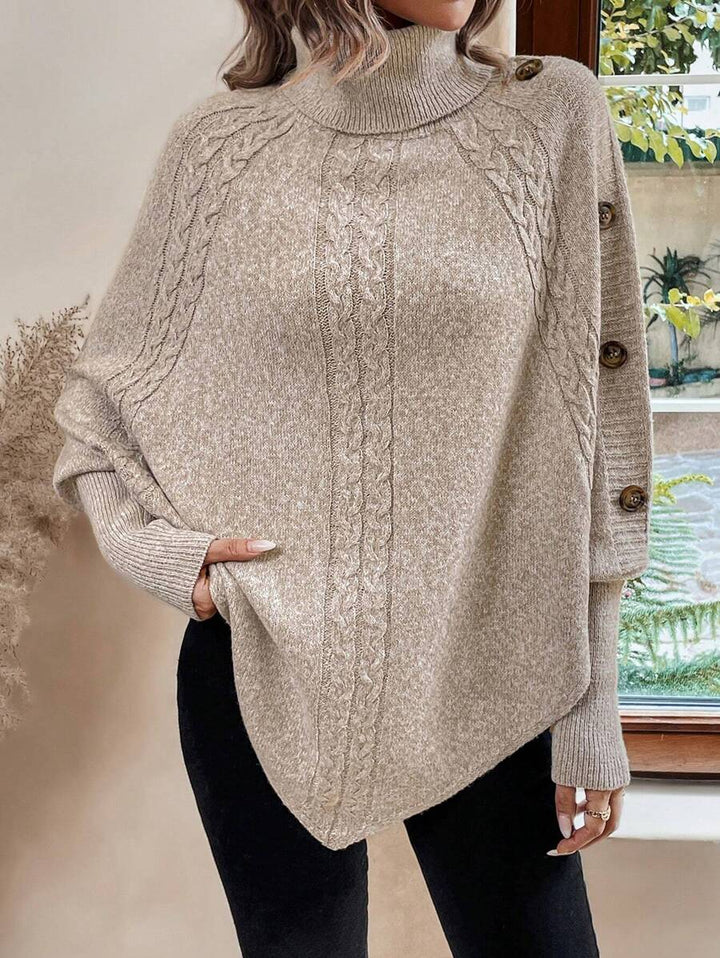 Alexis | Pull poncho chic à col montant et manches chauve-souris – Modèle asymétrique en maille torsadée