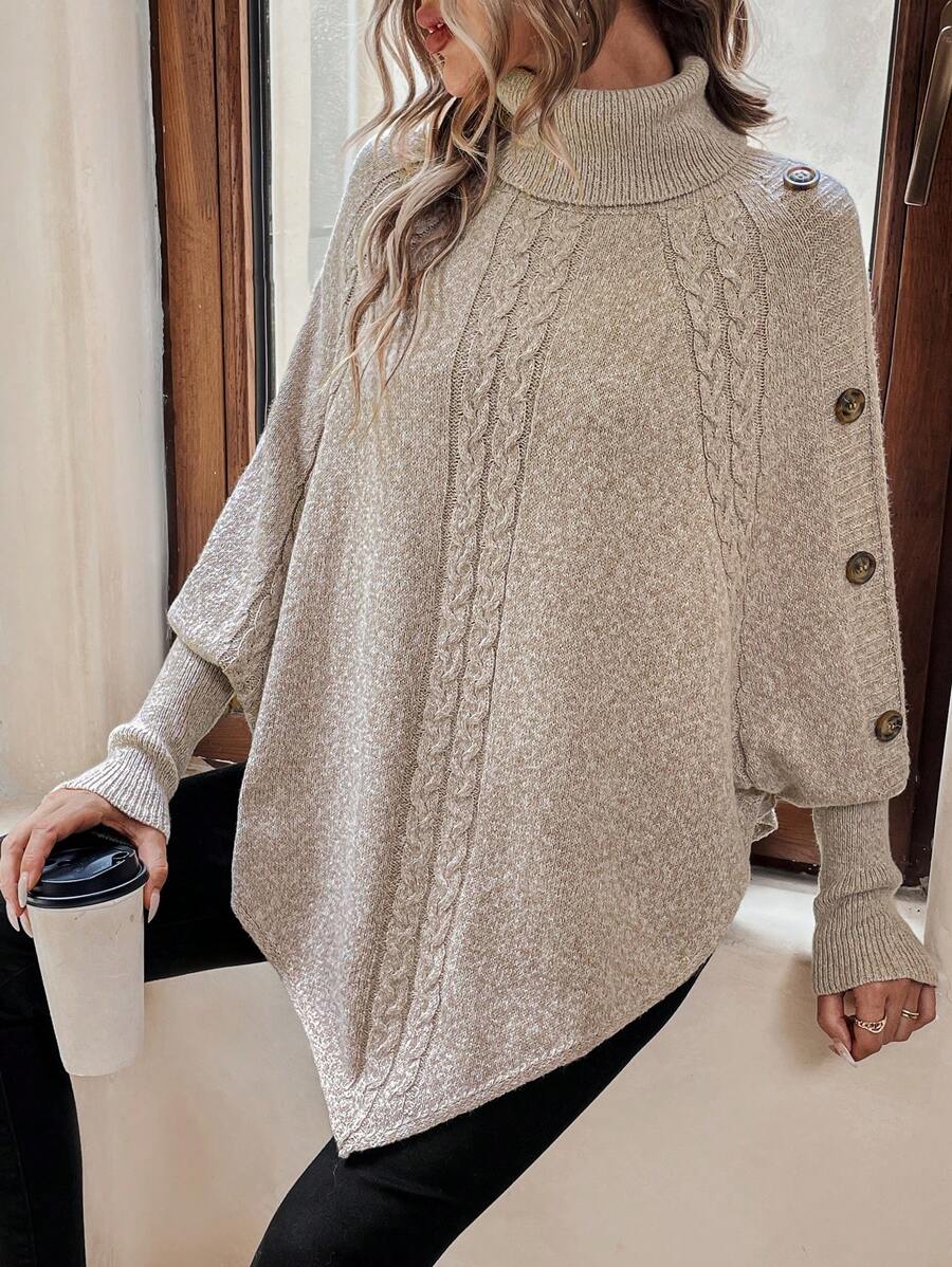 Alexis | Pull poncho chic à col montant et manches chauve-souris – Modèle asymétrique en maille torsadée
