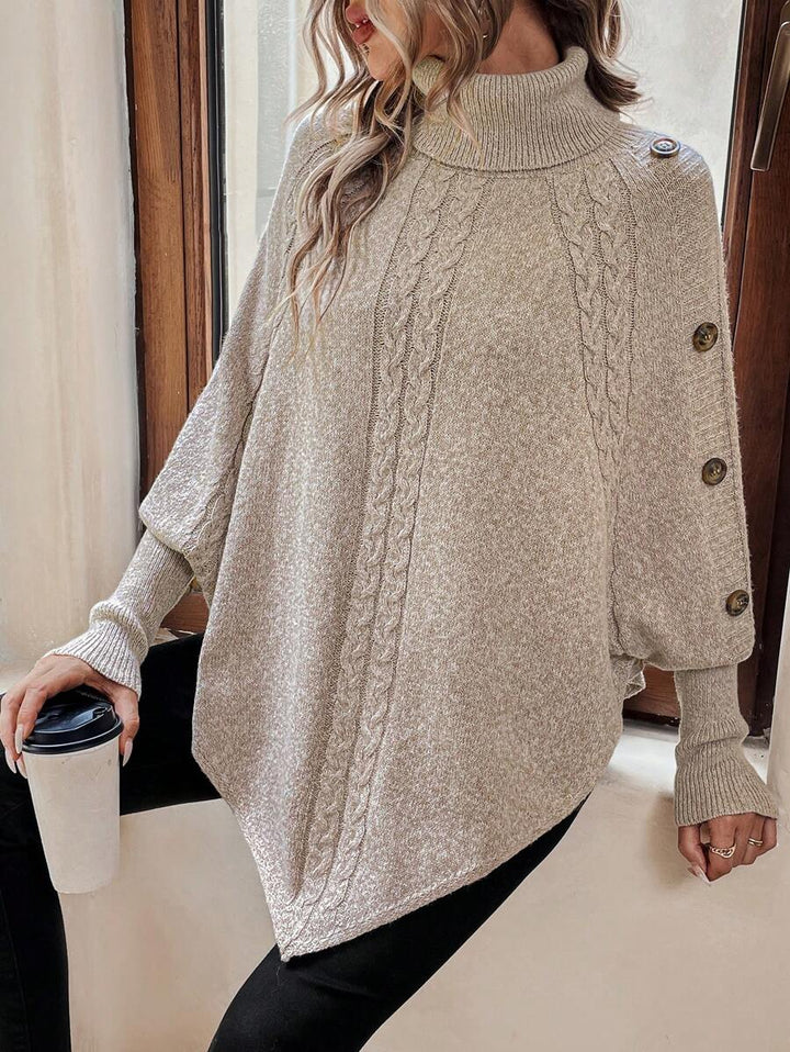 Alexis | Pull poncho chic à col montant et manches chauve-souris – Modèle asymétrique en maille torsadée