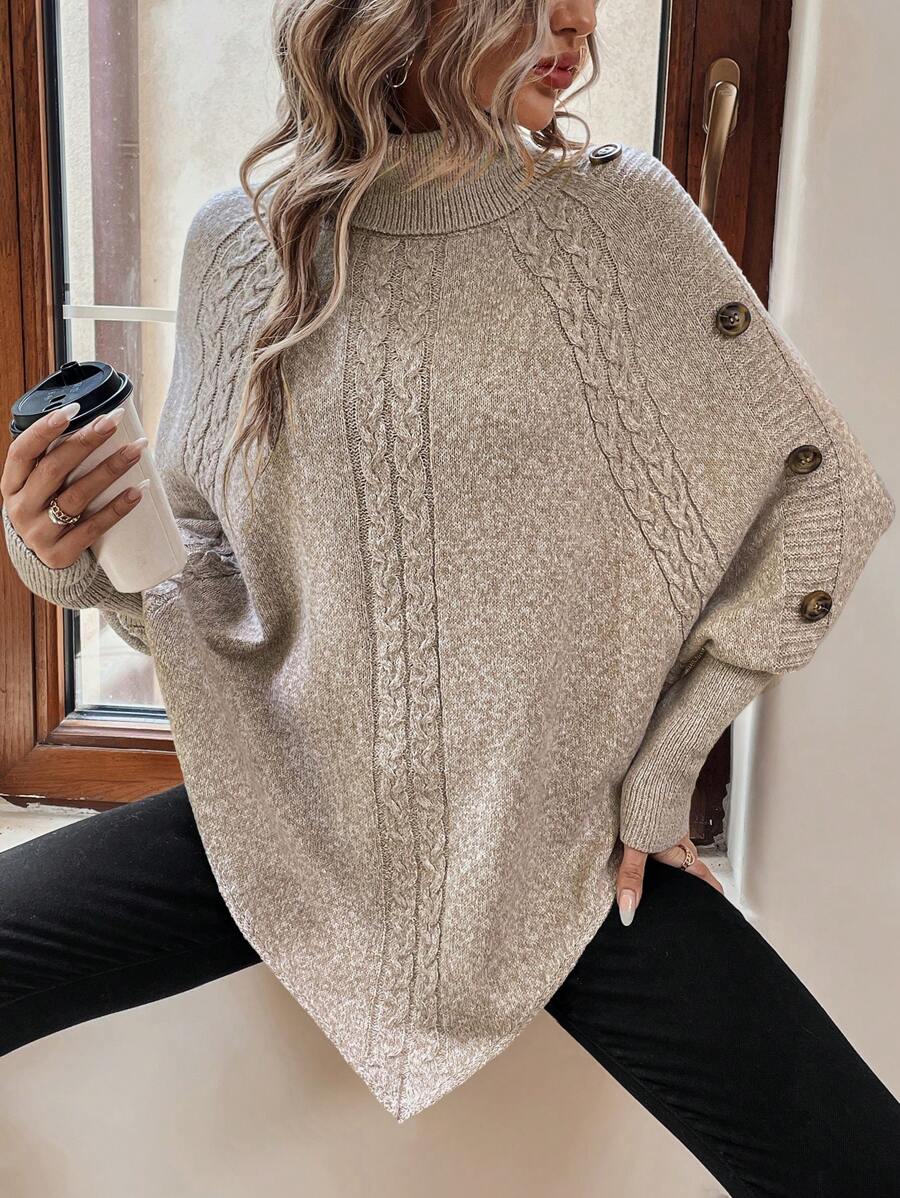 Alexis | Pull poncho chic à col montant et manches chauve-souris – Modèle asymétrique en maille torsadée