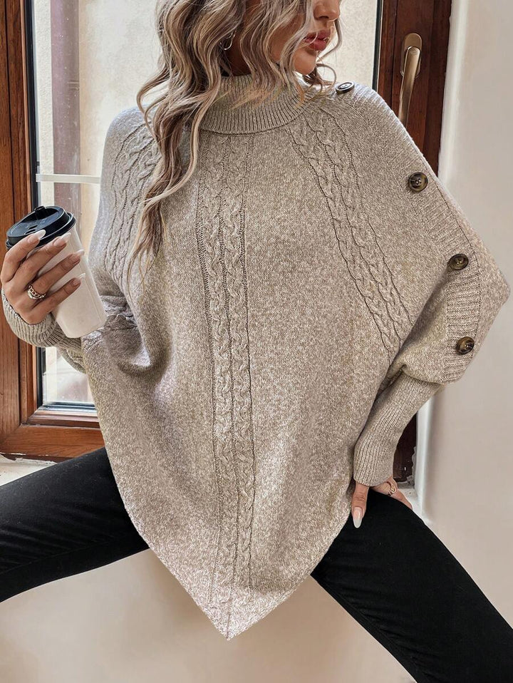 Alexis | Pull poncho chic à col montant et manches chauve-souris – Modèle asymétrique en maille torsadée