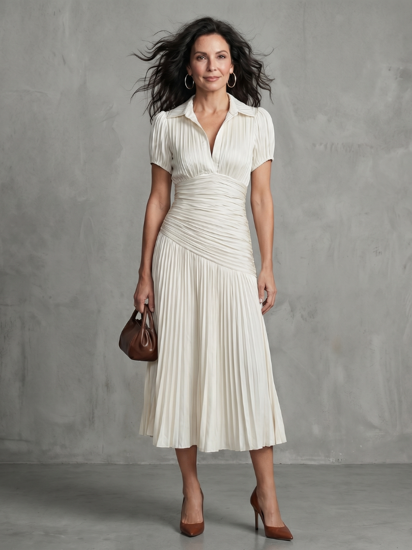 Theodora | Robe Midi à Rayures Taille Plissée
