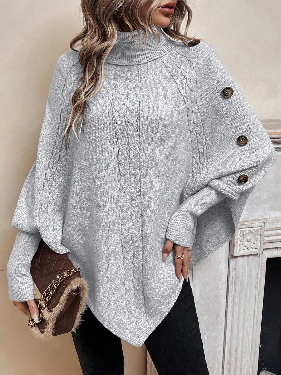 Alexis | Pull poncho chic à col montant et manches chauve-souris – Modèle asymétrique en maille torsadée