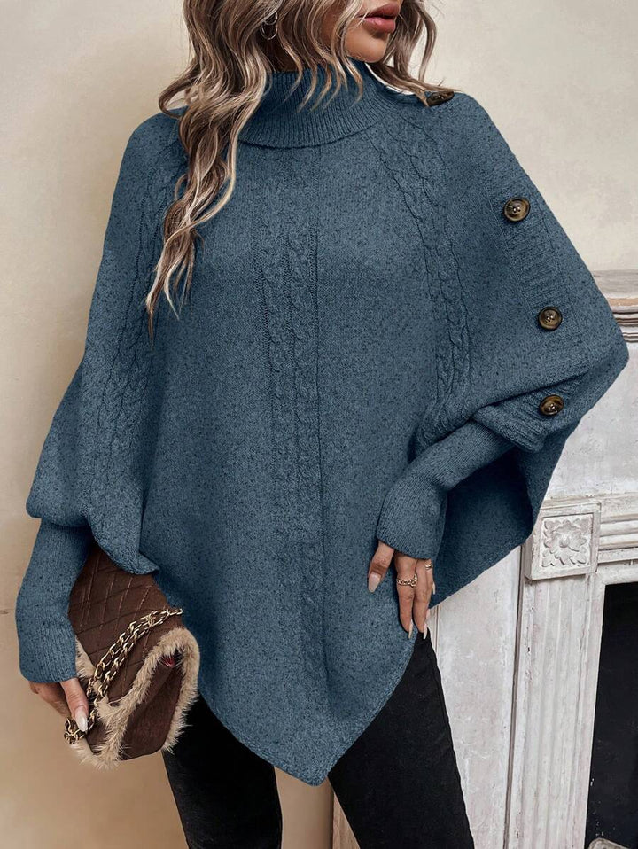 Alexis | Pull poncho chic à col montant et manches chauve-souris – Modèle asymétrique en maille torsadée