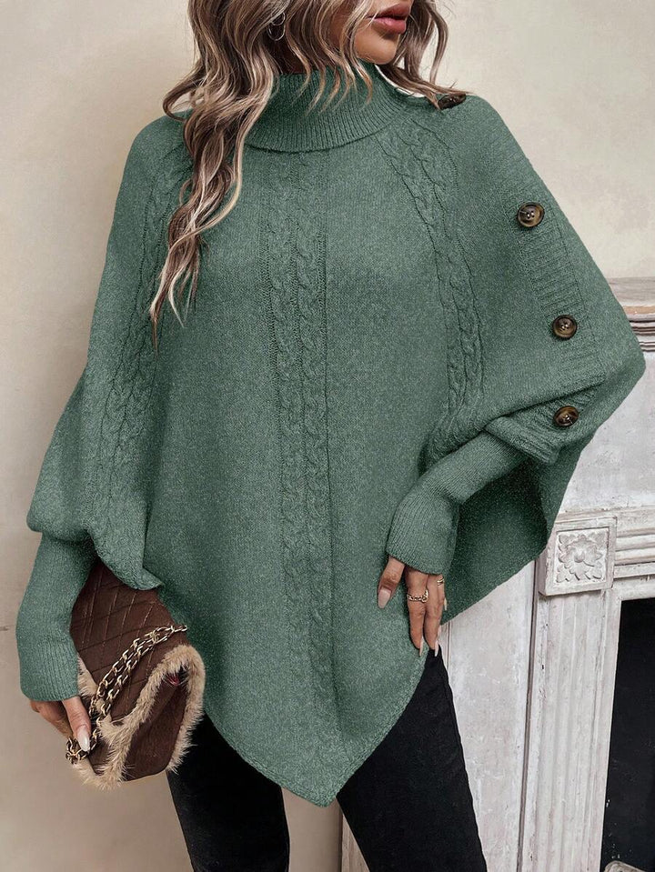 Alexis | Pull poncho chic à col montant et manches chauve-souris – Modèle asymétrique en maille torsadée