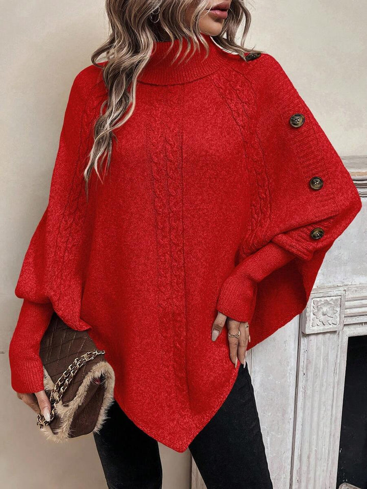 Alexis | Pull poncho chic à col montant et manches chauve-souris – Modèle asymétrique en maille torsadée