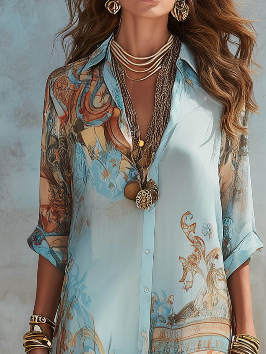 Robe longue en mousseline bleue à imprimé floral de style baroque