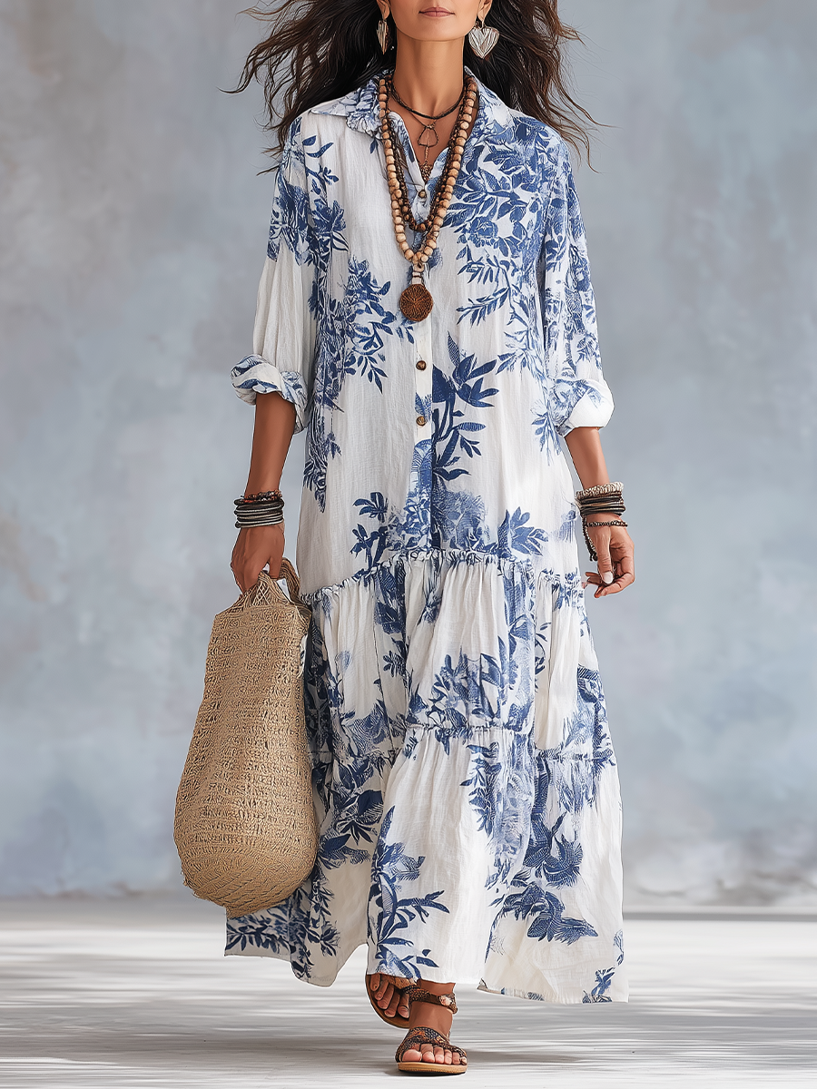 Robe longue boutonnée bohème à imprimé floral bleu