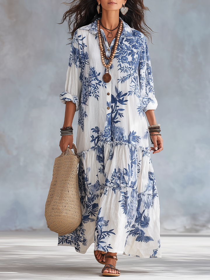 Robe longue boutonnée bohème à imprimé floral bleu