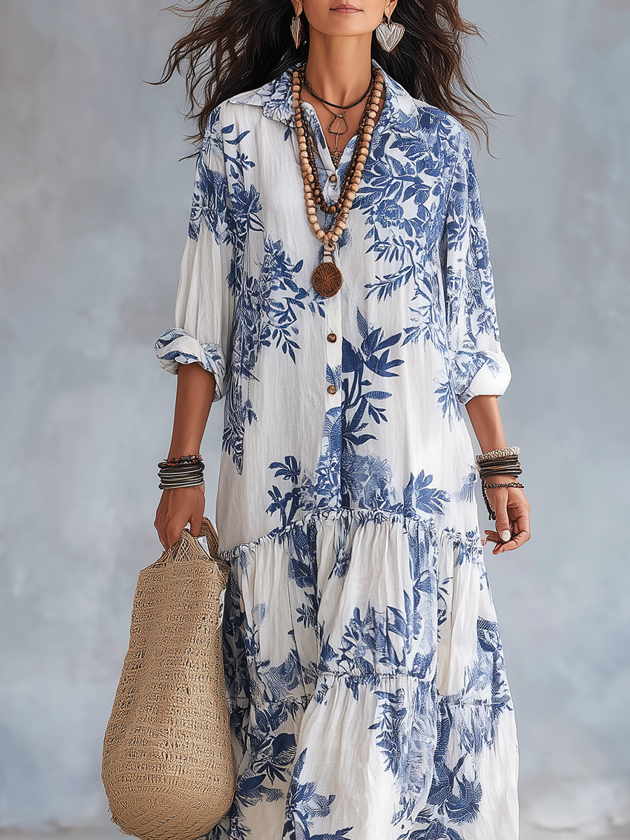 Robe longue boutonnée bohème à imprimé floral bleu