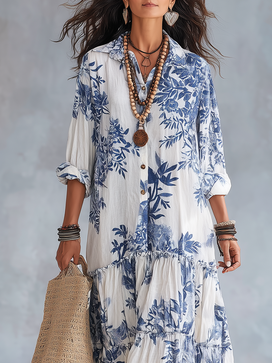 Dahlia | Robe maxi à boutons floraux bleus bohèmes