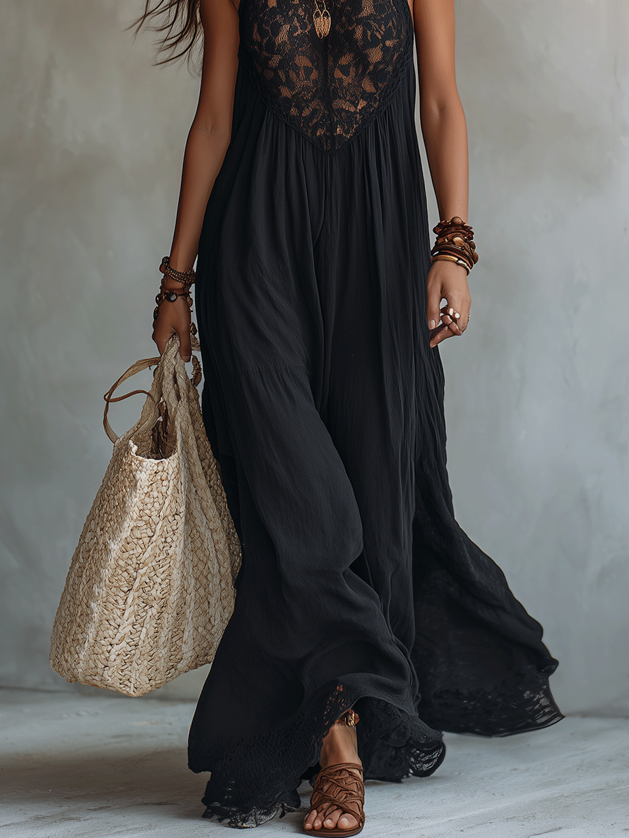 Robe longue de soirée bohème élégante sans manches au tombé fluide