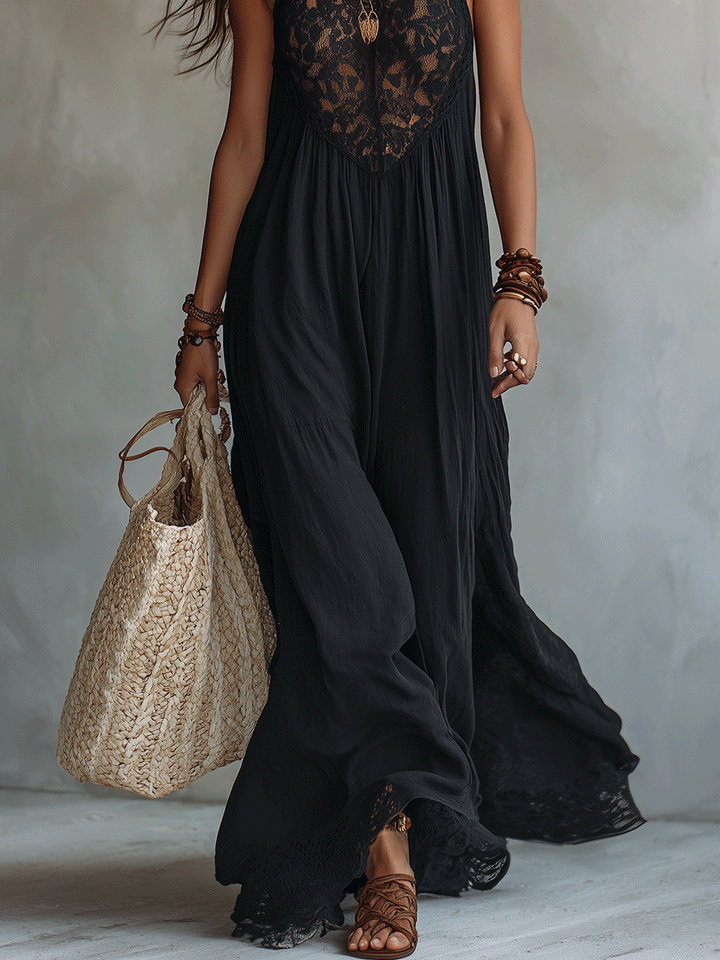 Robe longue de soirée bohème élégante sans manches au tombé fluide