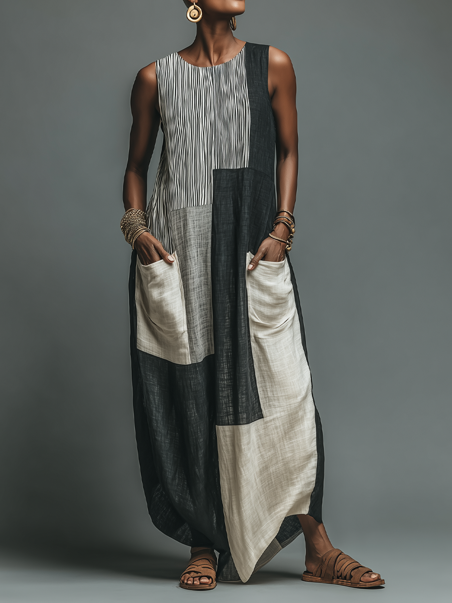 Garance™ | Robe Maxi Sans Manches en Lin Patchwork avec Poches