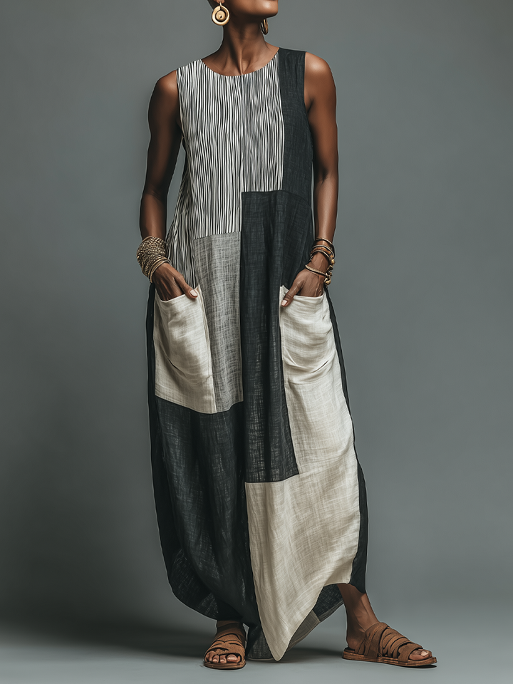 Garance™ | Robe Maxi Sans Manches en Lin Patchwork avec Poches