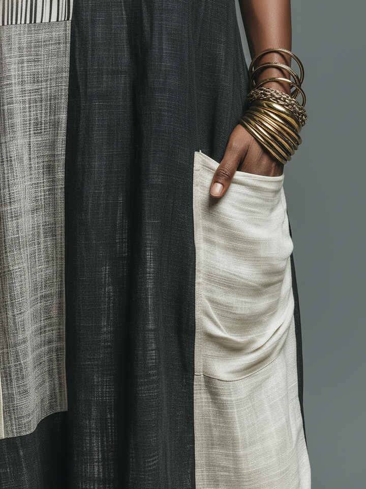 Garance™ | Robe Maxi Sans Manches en Lin Patchwork avec Poches