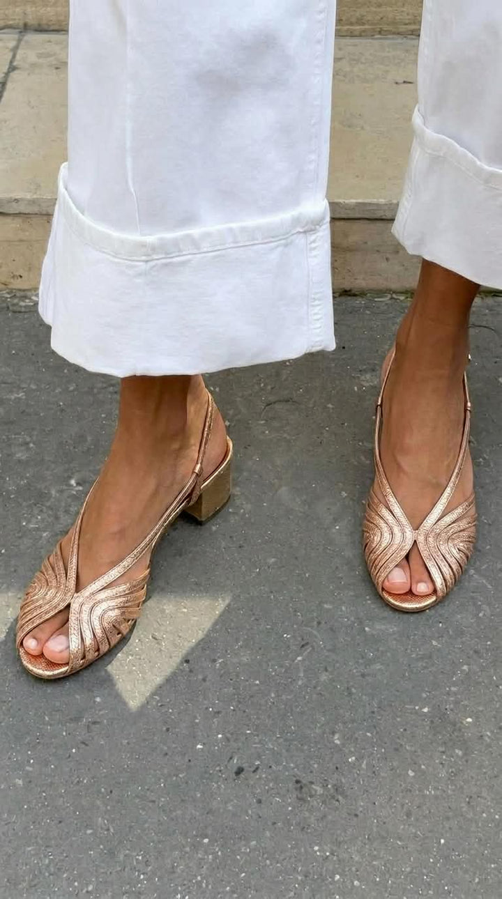 Escarpins slingback à talon bloc peep toe tressés métallisés Or Rose