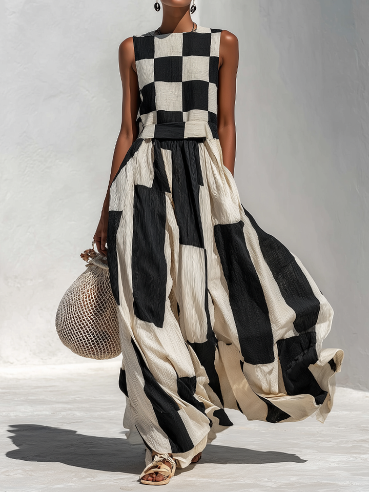 Audrey | Robe longue élégante sans manches à empiècements contrastés