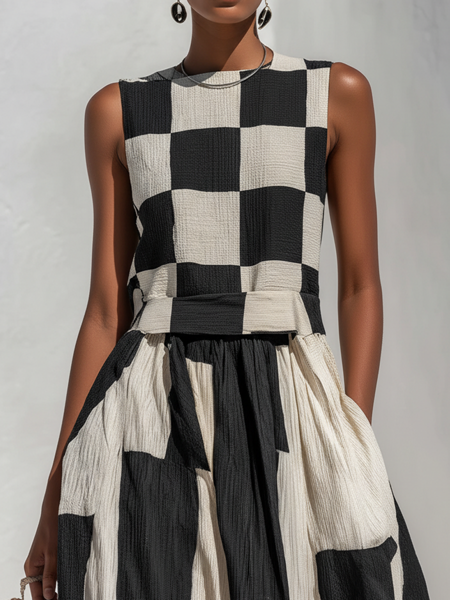 Audrey | Robe longue élégante sans manches à empiècements contrastés