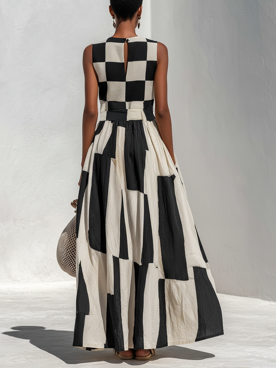 Audrey | Robe longue élégante sans manches à empiècements contrastés