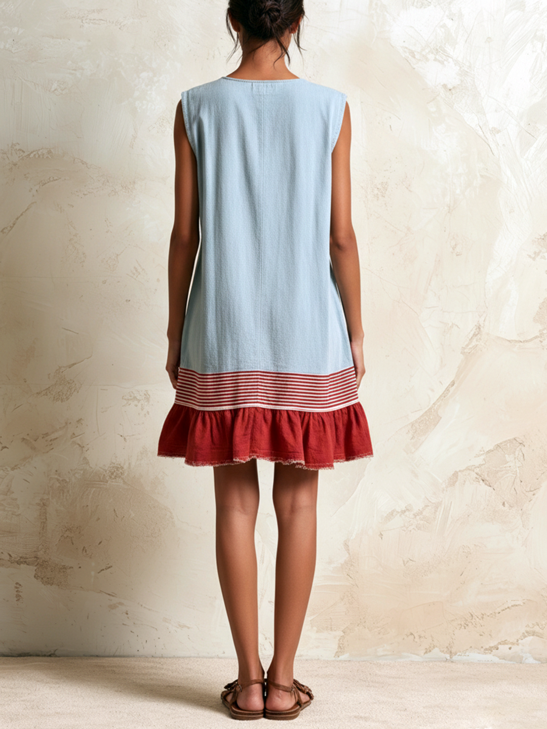 Amaya™ | Robe Tunique Sans Manches Bleu Clair à Bande Rouge