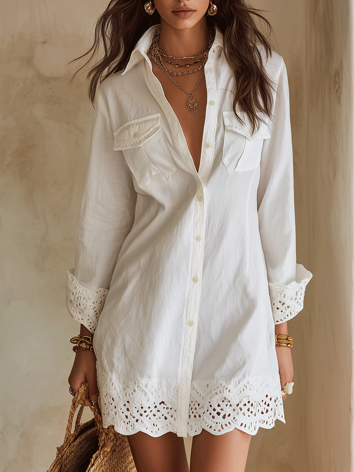 Robe chemise courte blanche bohème à ourlet en broderie anglaise