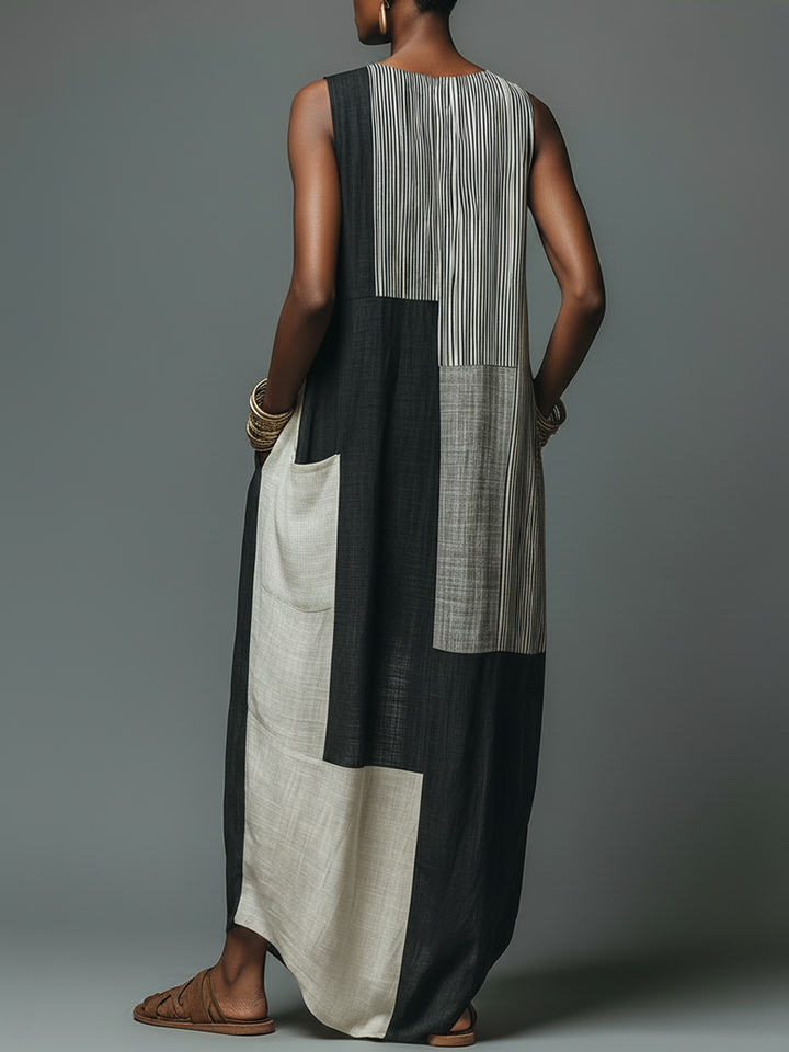 Garance™ | Robe Maxi Sans Manches en Lin Patchwork avec Poches