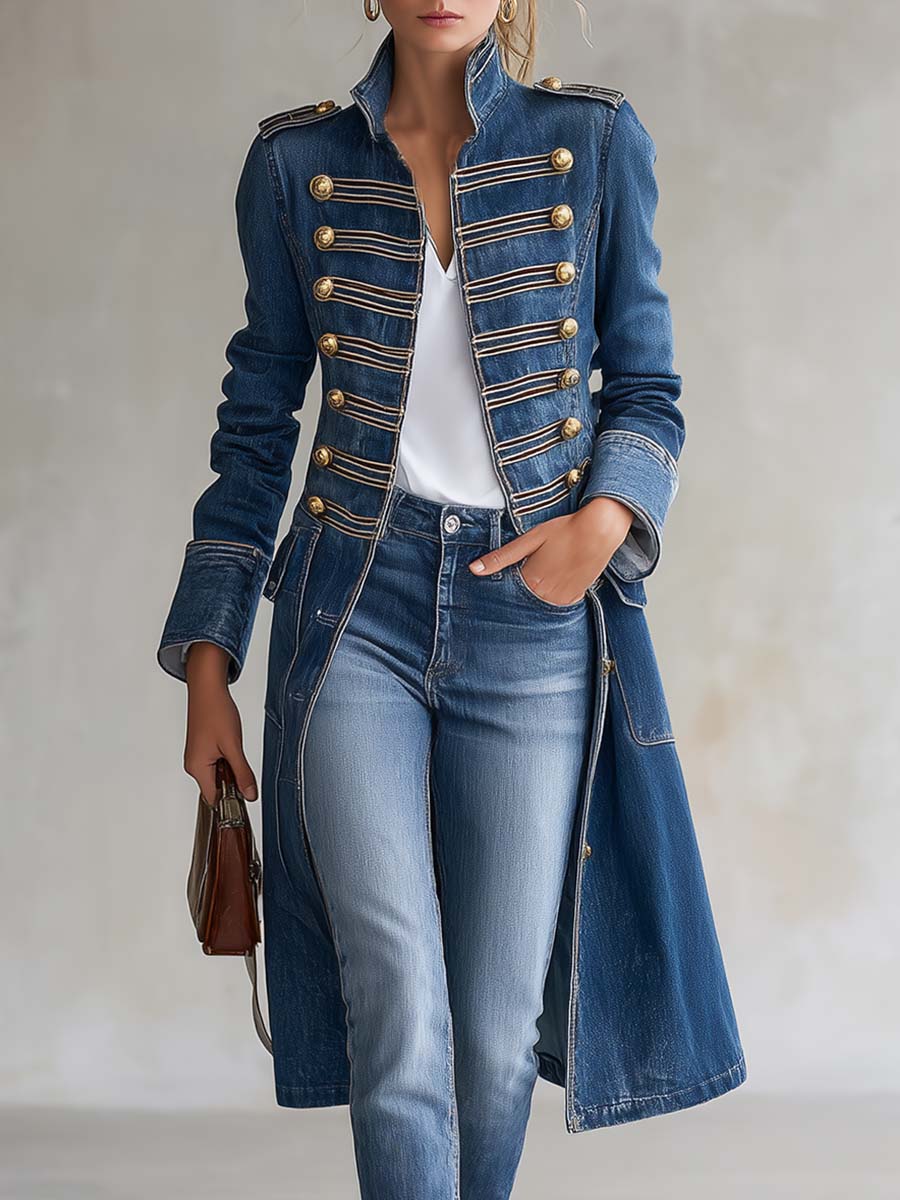 Hortense | Manteau long en jean cintré style militaire à boutons dorés