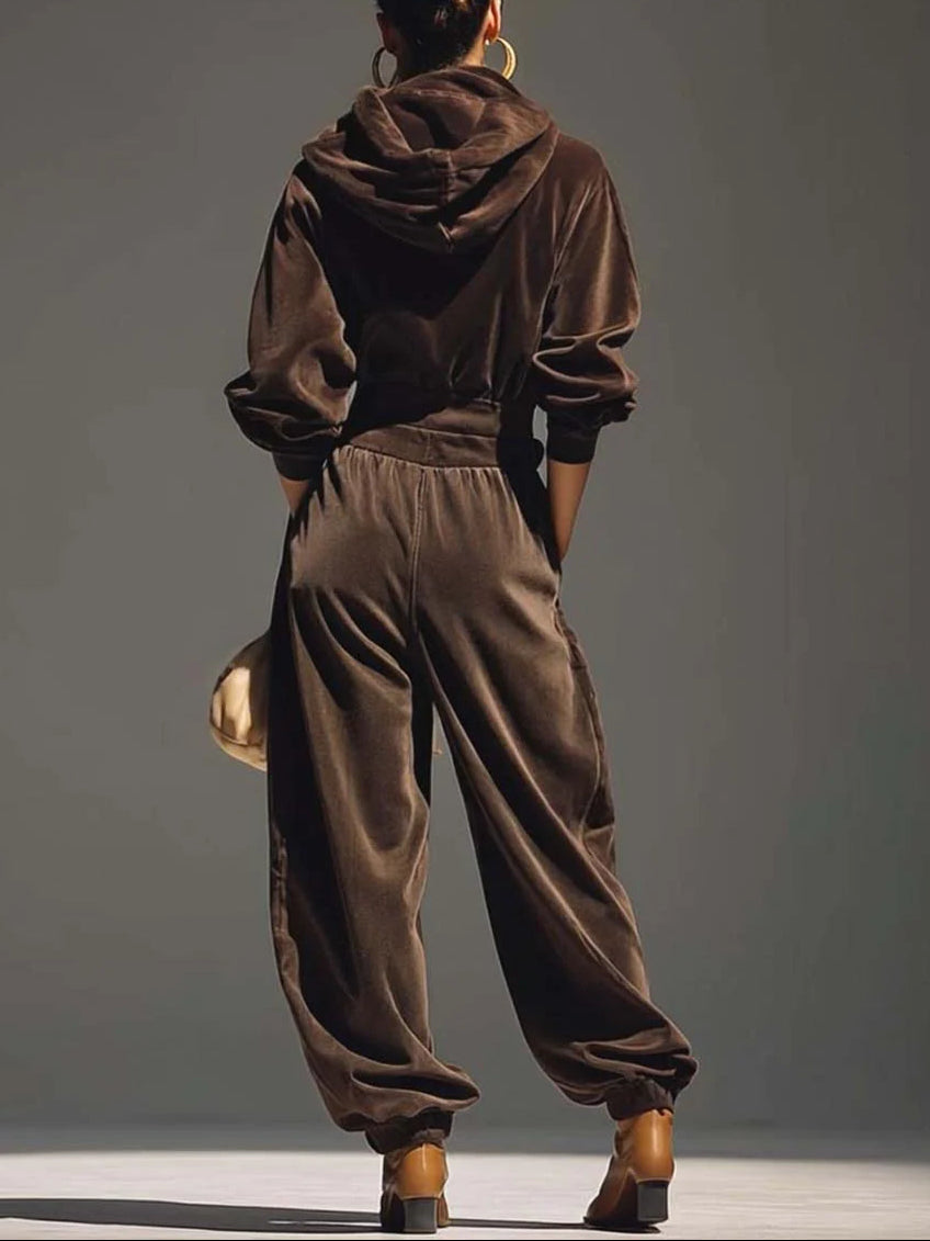 Ensemble vintage marron en velours avec sweat à capuche et pantalon ample (ceinture incluse)