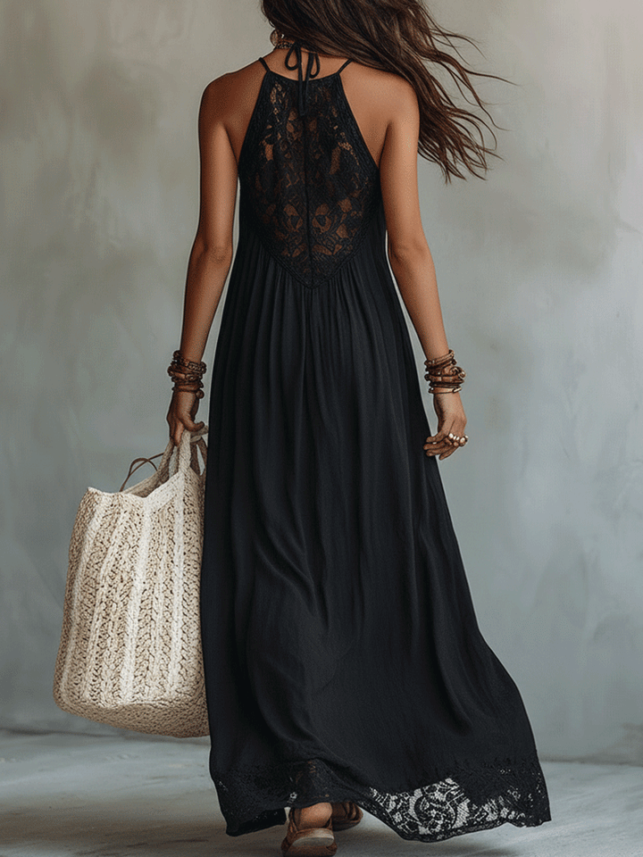 Robe longue de soirée bohème élégante sans manches au tombé fluide