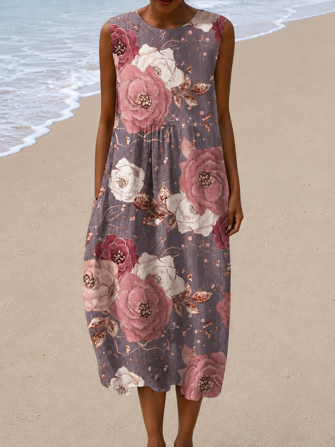 Victoria - Robe midi coupe décontractée sans manches pour femme