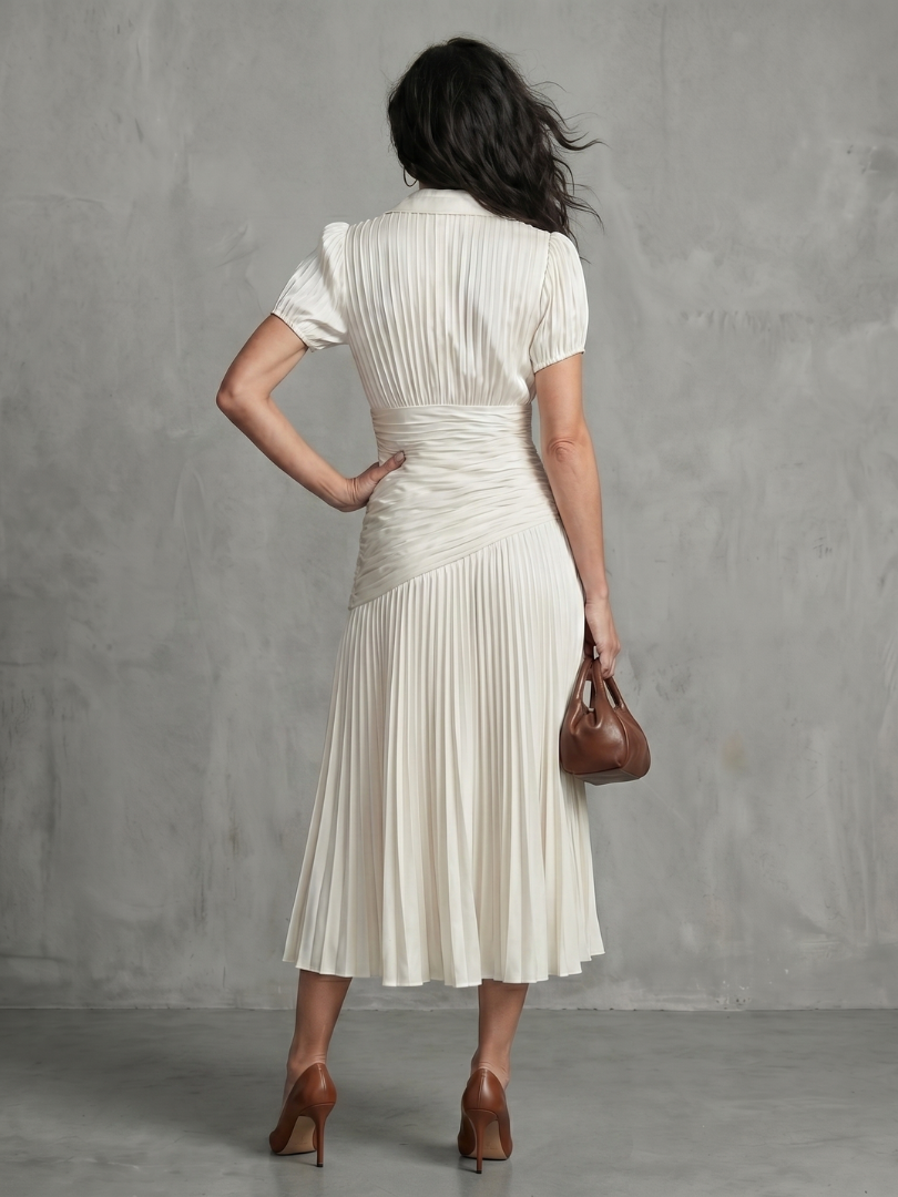 Theodora | Robe Midi à Rayures Taille Plissée