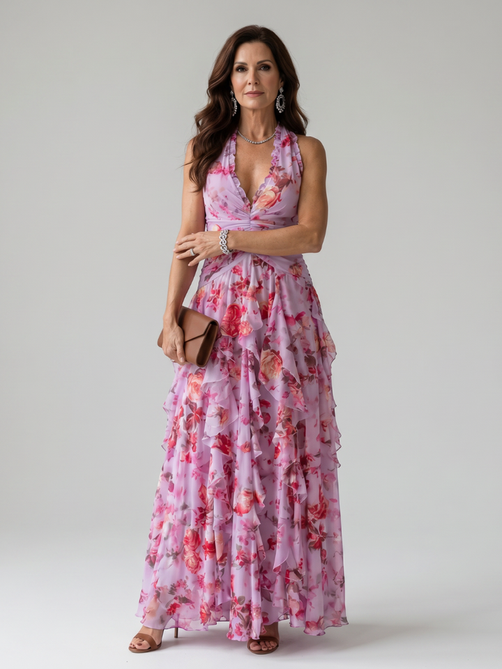 Nori™ Robe longue fleurie à encolure dos-nu et bustier froncé