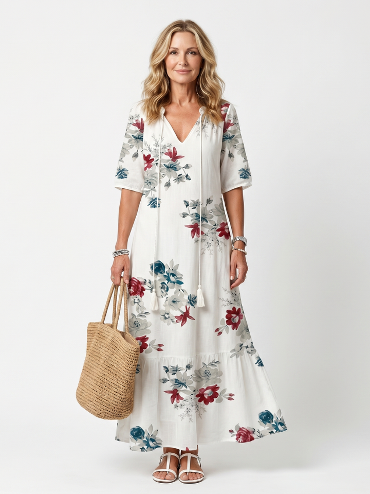 Maeva | Robe midi à fleurs éparses et liens à pompons