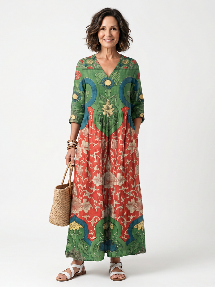 Sloane | Robe midi à col V, imprimé mixte et poches
