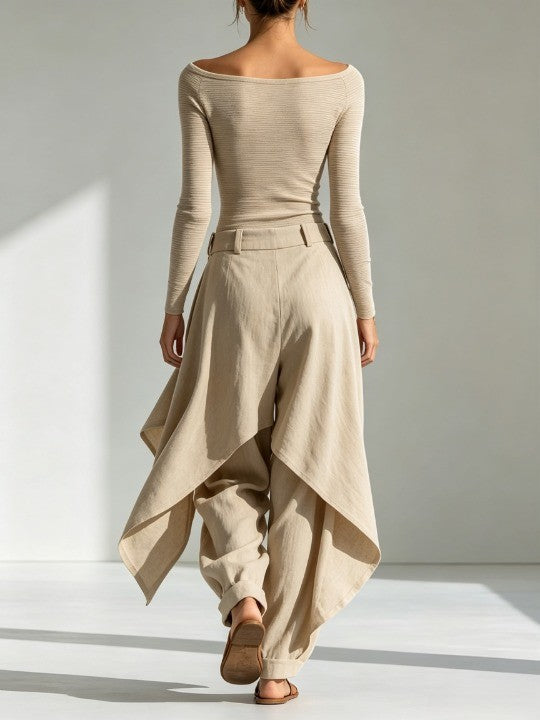 Delphine | Ensemble Haut Beige Col Bateau et Pantalon Large à Volants