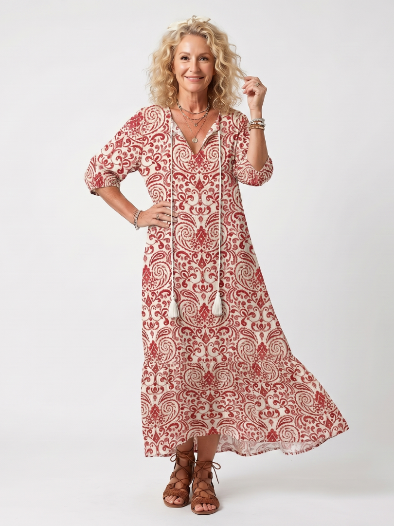 Noelle | Robe midi à imprimé orné et liens à pompons