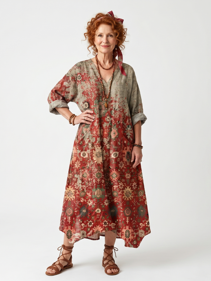 Saffron | Robe midi décontractée à poches et motifs mixtes