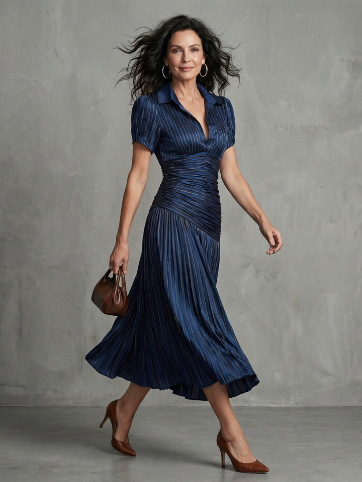 Theodora | Robe Midi à Rayures Taille Plissée