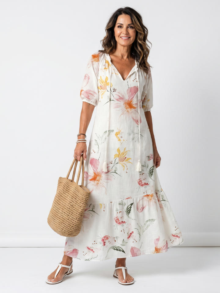 Noa | Robe midi florale douce étagée à pompons