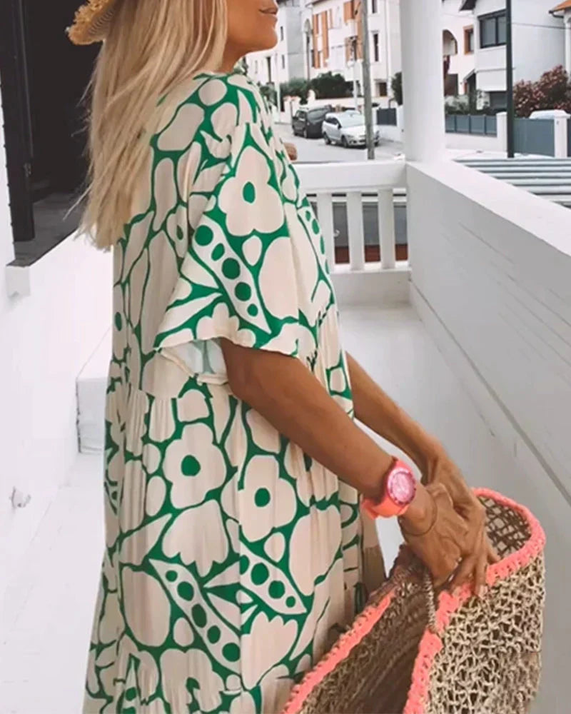 CHRISTINE | Élégante robe d’été longue à la silhouette fluide et au motif graphique tendance