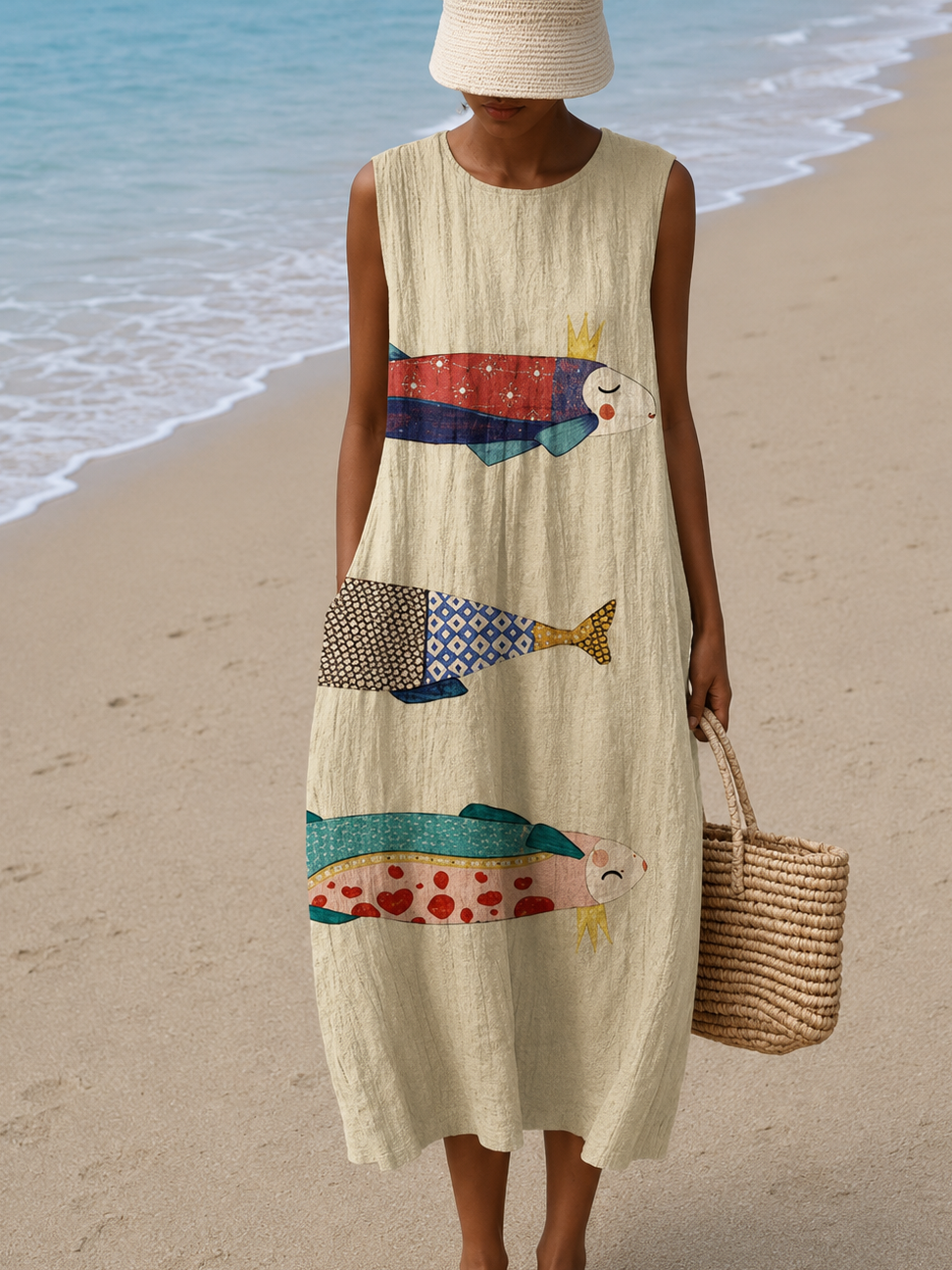 Addison - Robe midi de plage ample imprimée sans manches pour femme