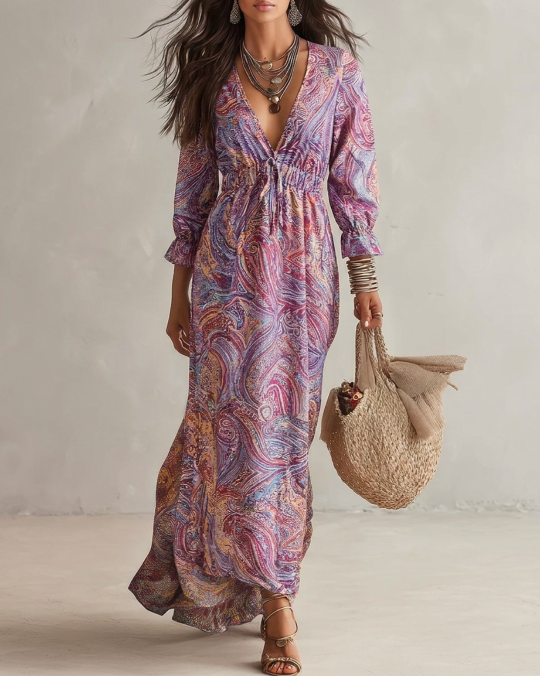 Robe longue en mousseline de soie à imprimé cachemire, décolleté en V et fronces