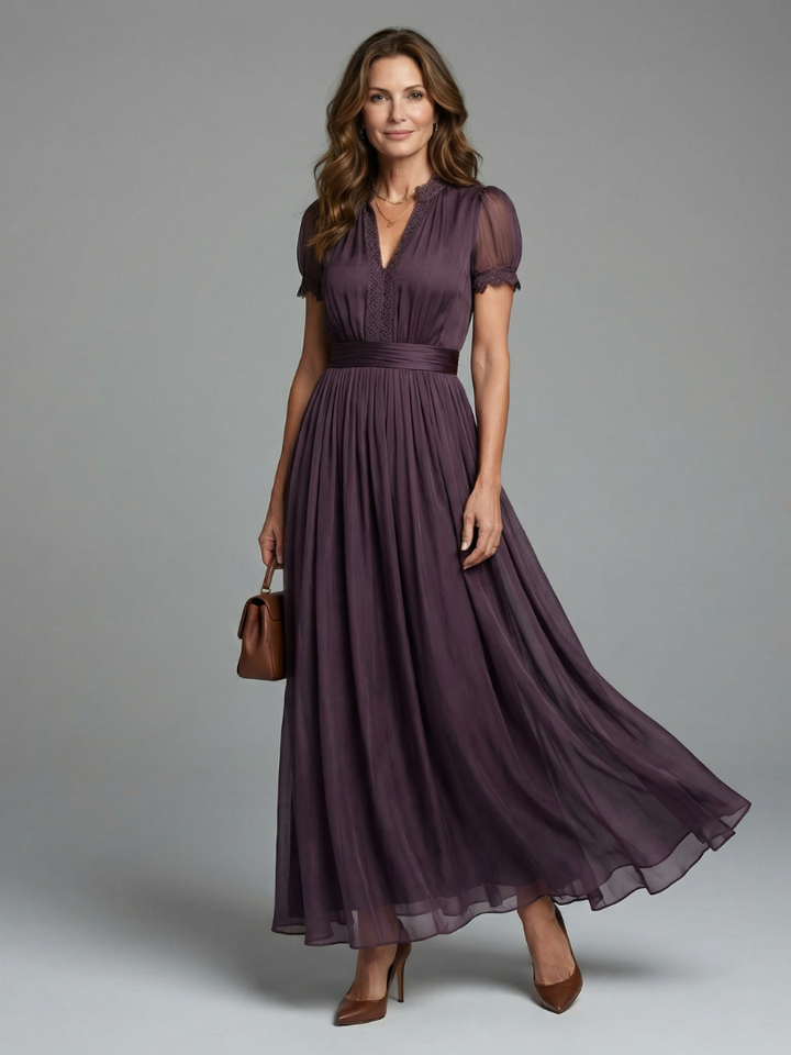 Elia | Maxi Robe Taille Froncée Découpe Goutte d’Eau