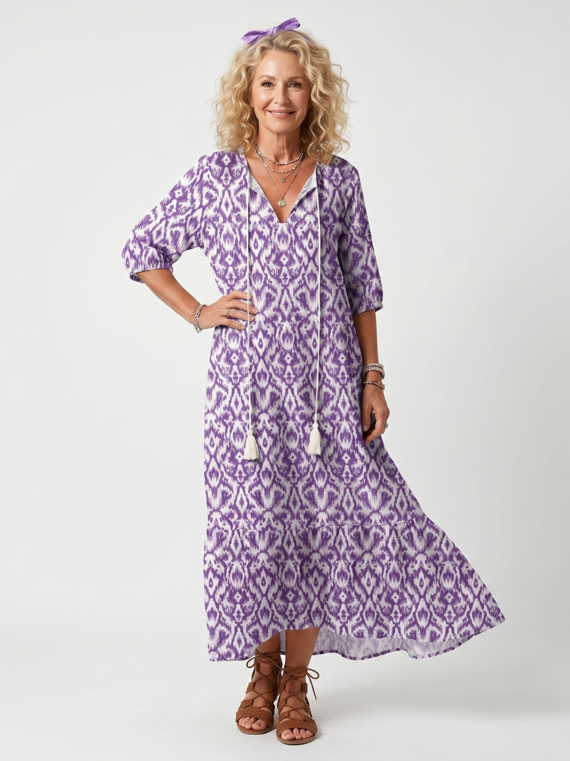 Penelope | Robe midi imprimée à nouer à pompons