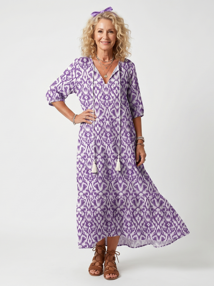 Penelope | Robe midi imprimée à nouer à pompons