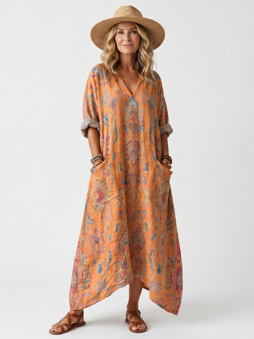 Remi | Robe midi oversize à poches, col échancré et imprimé